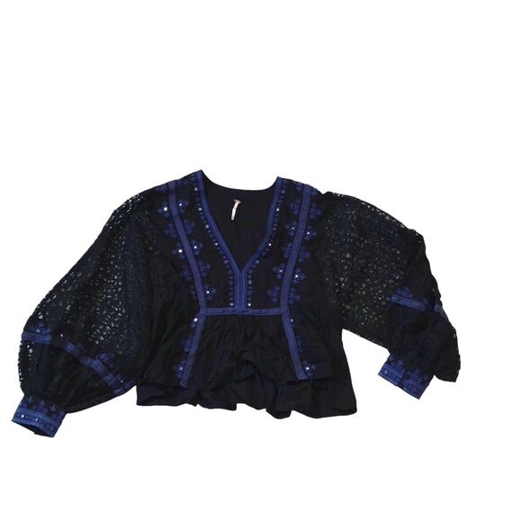 Free‎ People Black Lace Balloon Long Sleeve Boogie All Night Womens Size S Boho - Picture 2 of 9